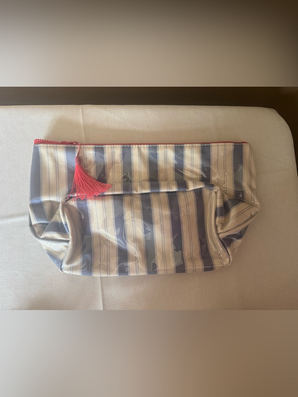 Dairy Boy Striped Blue and White Cosmetic Pouch with Pink - Picture 2 of 4
